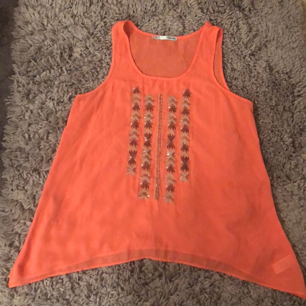 Peach tank with tan beads and stitching!
